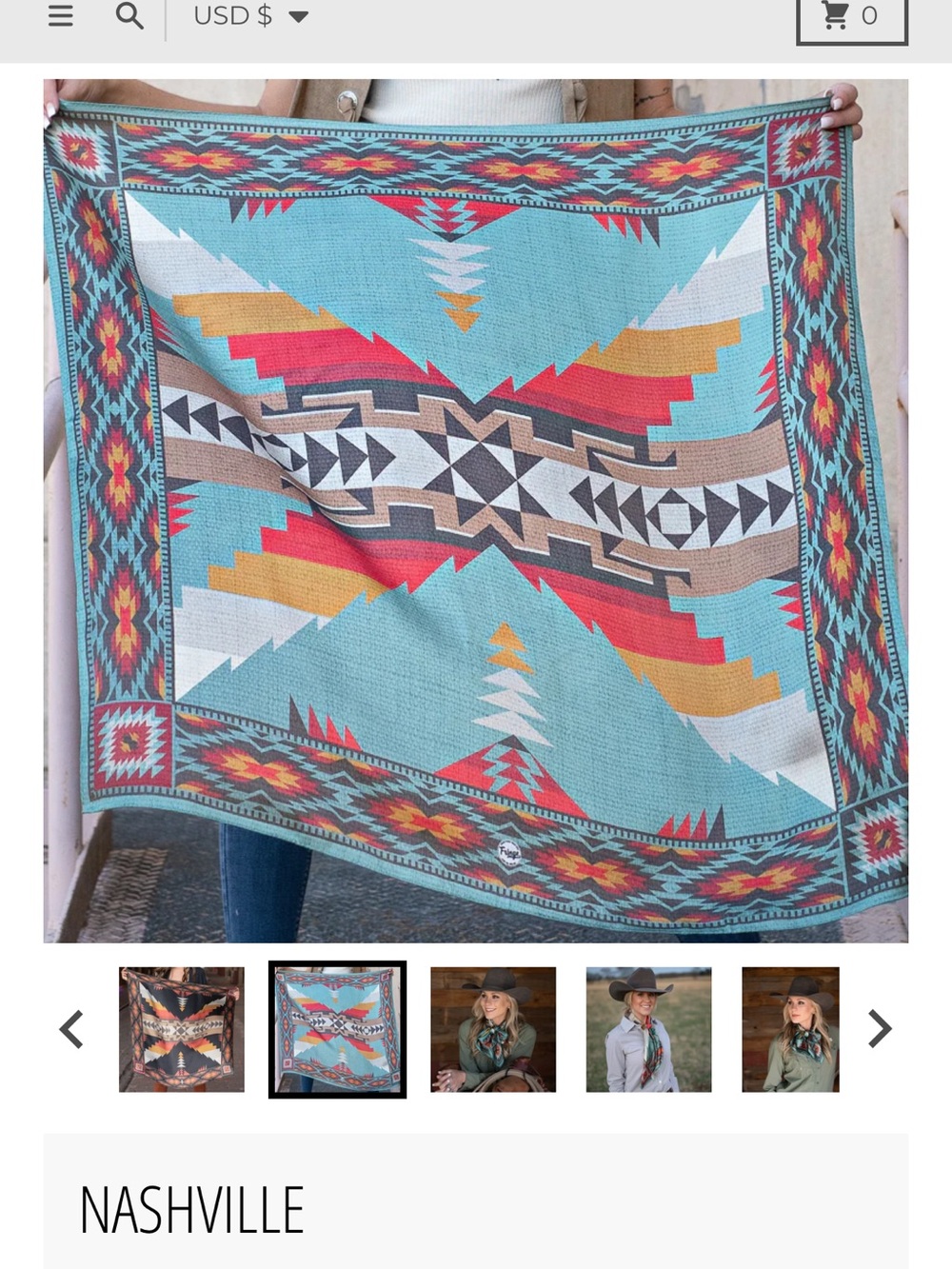 Fringe Studio “Nashville” Chambray Turquoise Red Gold Aztec 100% Silk Scarf